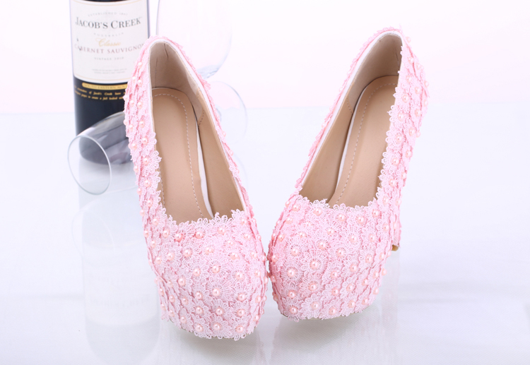 Women Shoes, Light Pink Lace Pearls Wedding Shoes, Waterproof Platform Bridal Shoes, Highheels